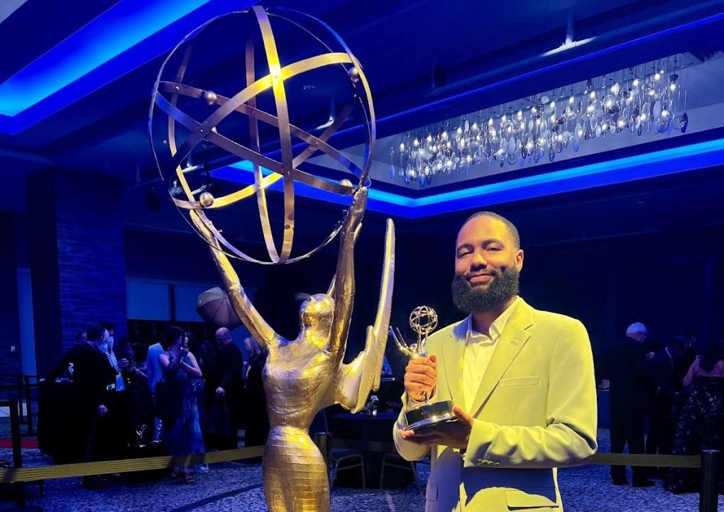 Myles Bess winning the Northern California Area Emmy® 2022-2023 Award for Education/School-News or Short Form Content for the episode “Why Are People Banning Books in Schools?” 